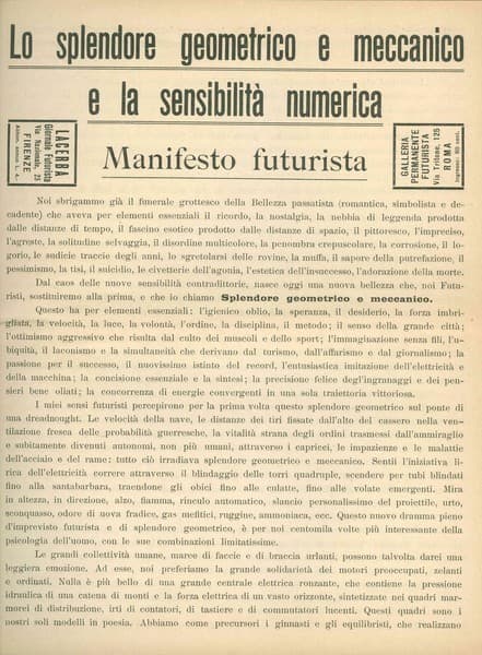 Manifesto futurista Lo splendore geometrico e meccanico e la sensibilità numerica